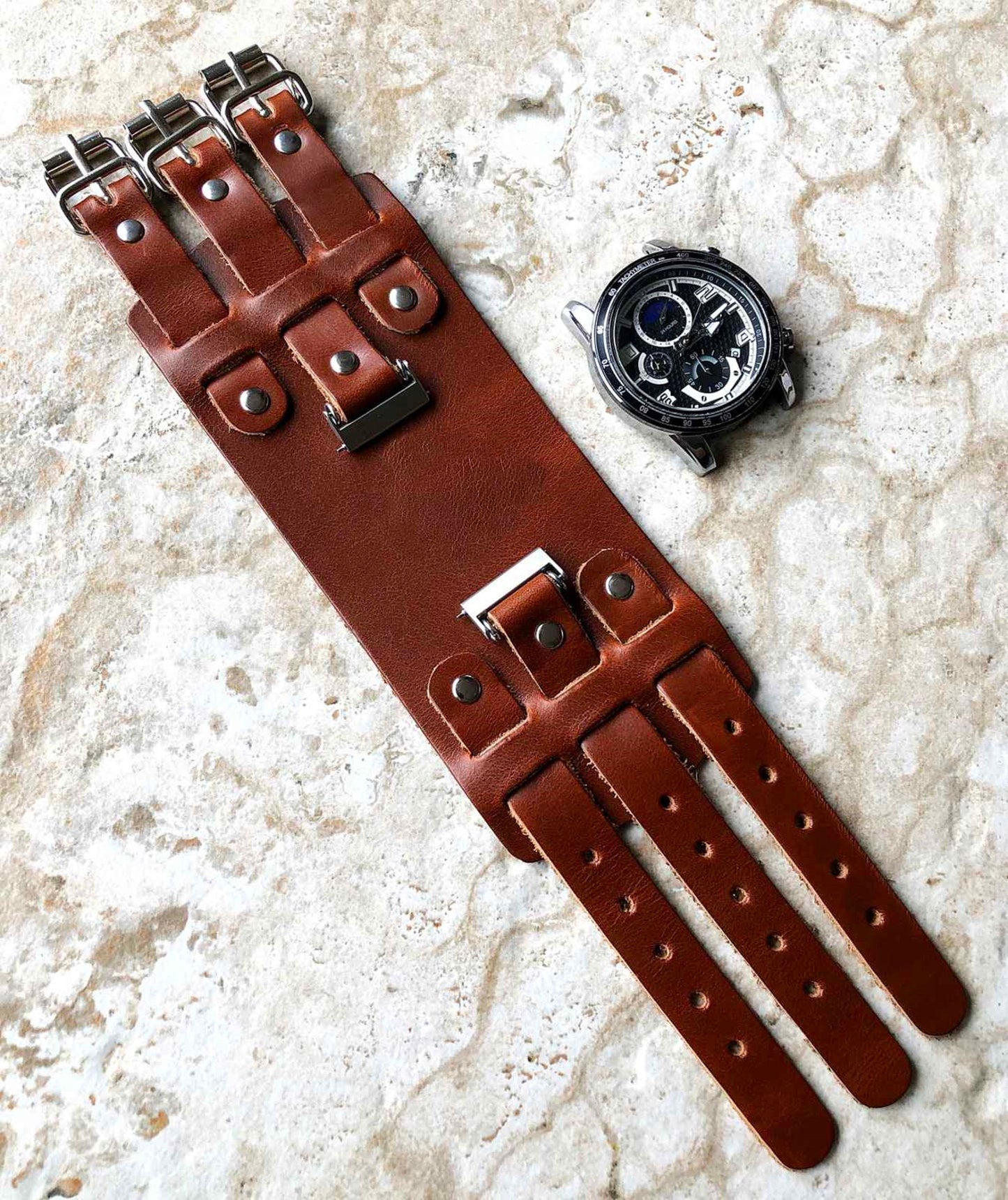 Brown Cuff Bund Steampunk Wide Leather Band Strap for 18mm 19mm 20mm 21mm 22mm 23mm 24mm 25mm 26mm Traditional Casual Luxury Smart Watches