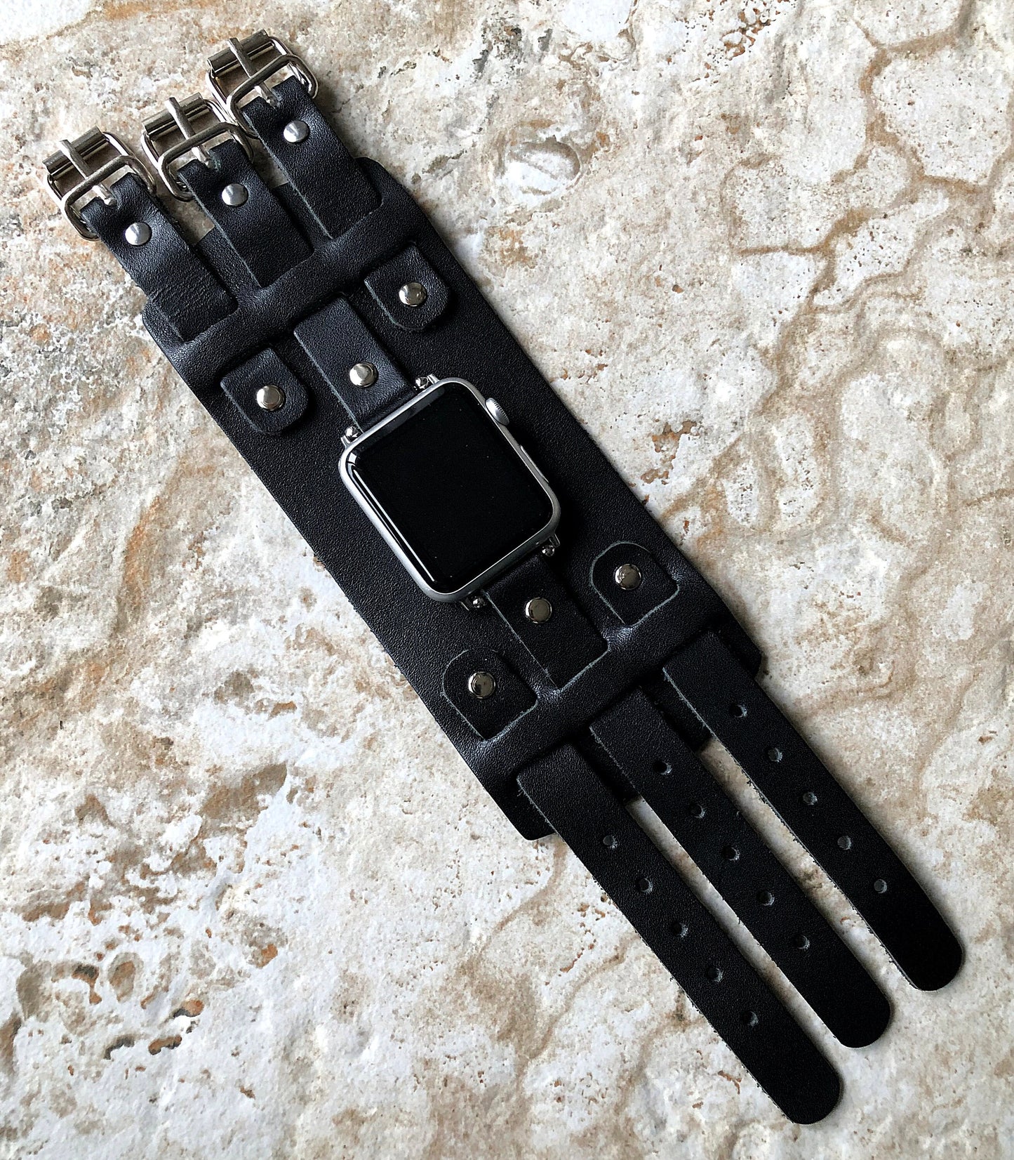 Apple Watch Band Cuff Bund Steampunk Wide Strap Leather Bracelet for iWatch Ultra 2 9 8 7 SE 6 5 4 3 2 1 49mm 45mm 44mm 42mm 41mm 40 38mm BL