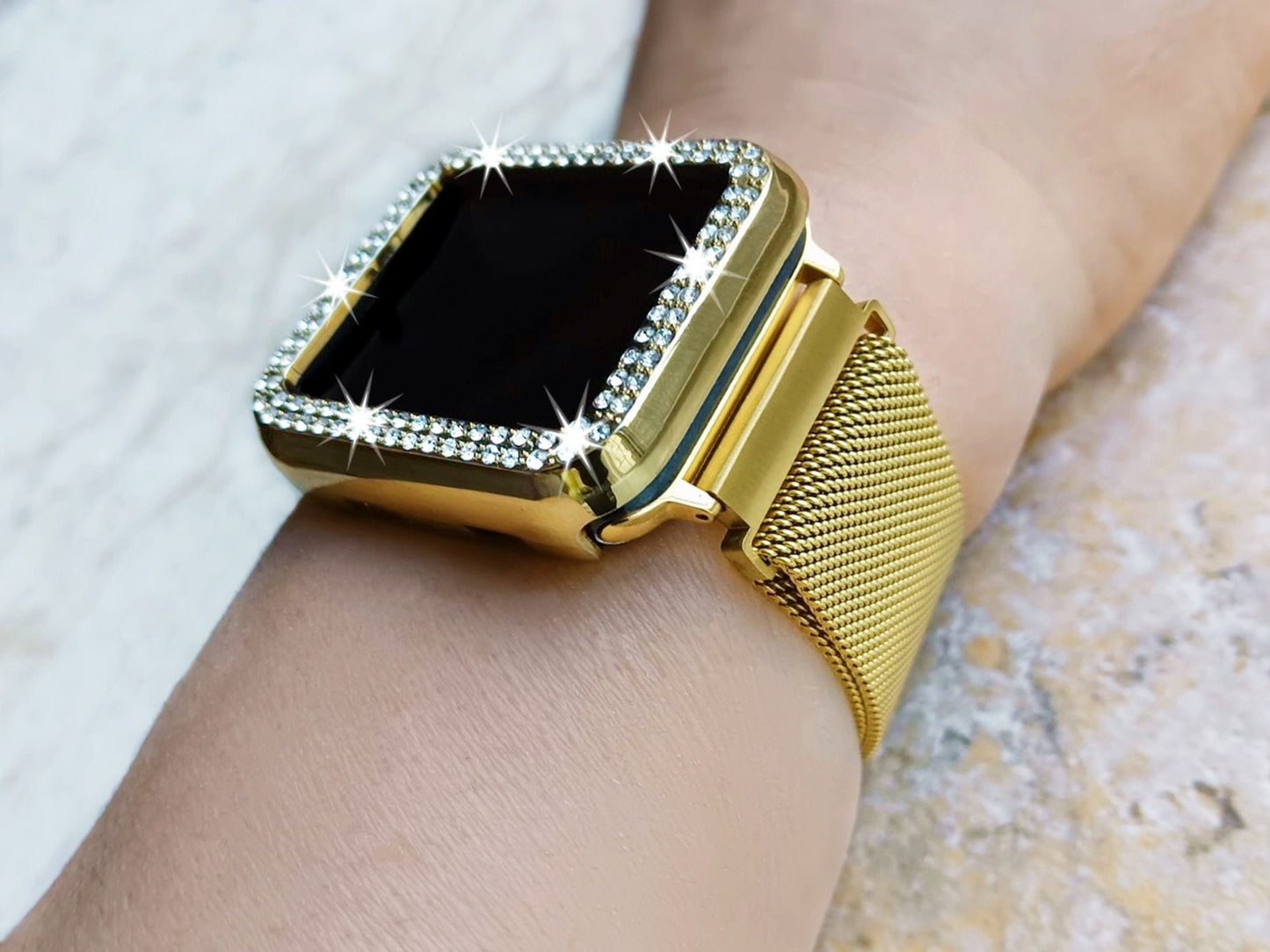 Apple Watch Gold Color Band Set Crystal Bezel Case Cover for Ultra 2 9 8 7 SE 6 5 4 3 2 1 49mm 45mm 44mm 42mm 41mm 40mm 38mm Milanese Strap