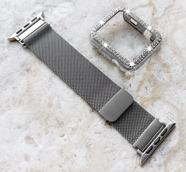 Apple Watch Silver Color Band Kit Crystal Case Bezel Cover for Ultra 2 9 8 7 SE 6 5 4 3 2 49mm 45mm 44mm 42mm 41mm 40mm 38mm Milanese Strap