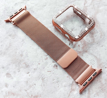 Apple Watch Rose Gold Color Band Kit Crystal Case Bezel Cover for Ultra 2 9 8 7 SE 6 5 4 3 2 1 49mm 45mm 44 42 41mm 40mm 38mm Milanese Strap