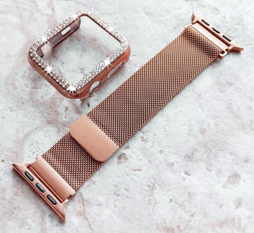 Apple Watch Rose Gold Color Band Kit Crystal Case Bezel Cover for Ultra 2 9 8 7 SE 6 5 4 3 2 1 49mm 45mm 44 42 41mm 40mm 38mm Strap Milanese