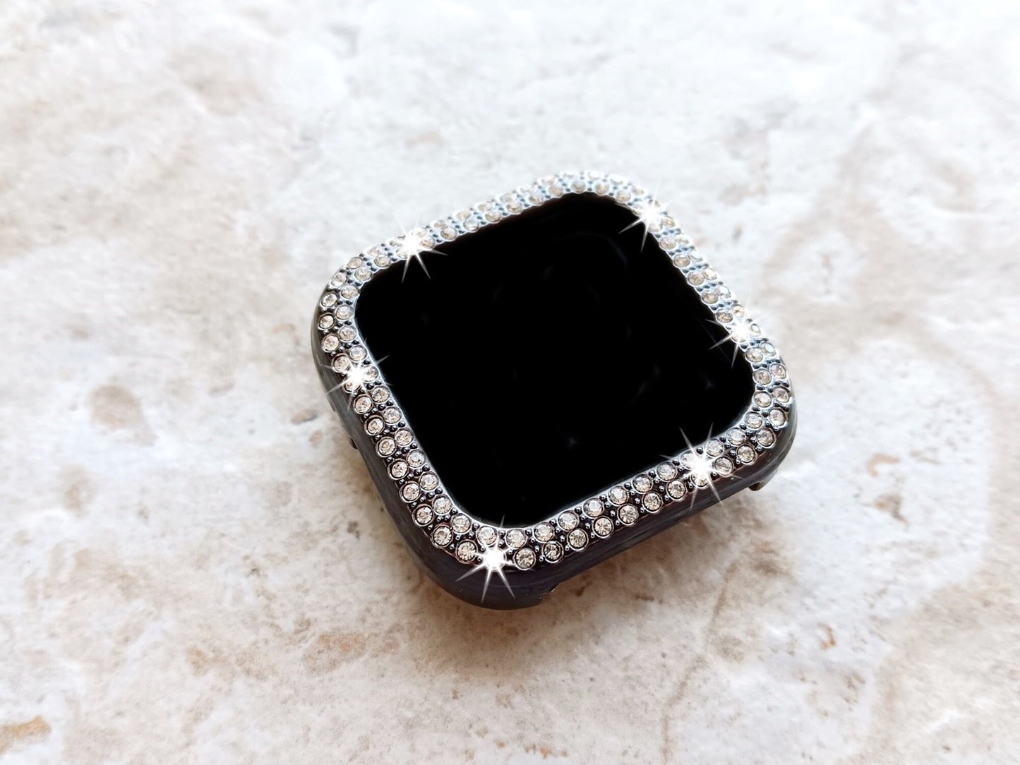 Fitbit Watch Black Band Set Crystal Bezel Bling Case Cover for Versa 2 3 4 and Sense 1 2 Smartwatches Milanese Strap Protective Bumper Frame