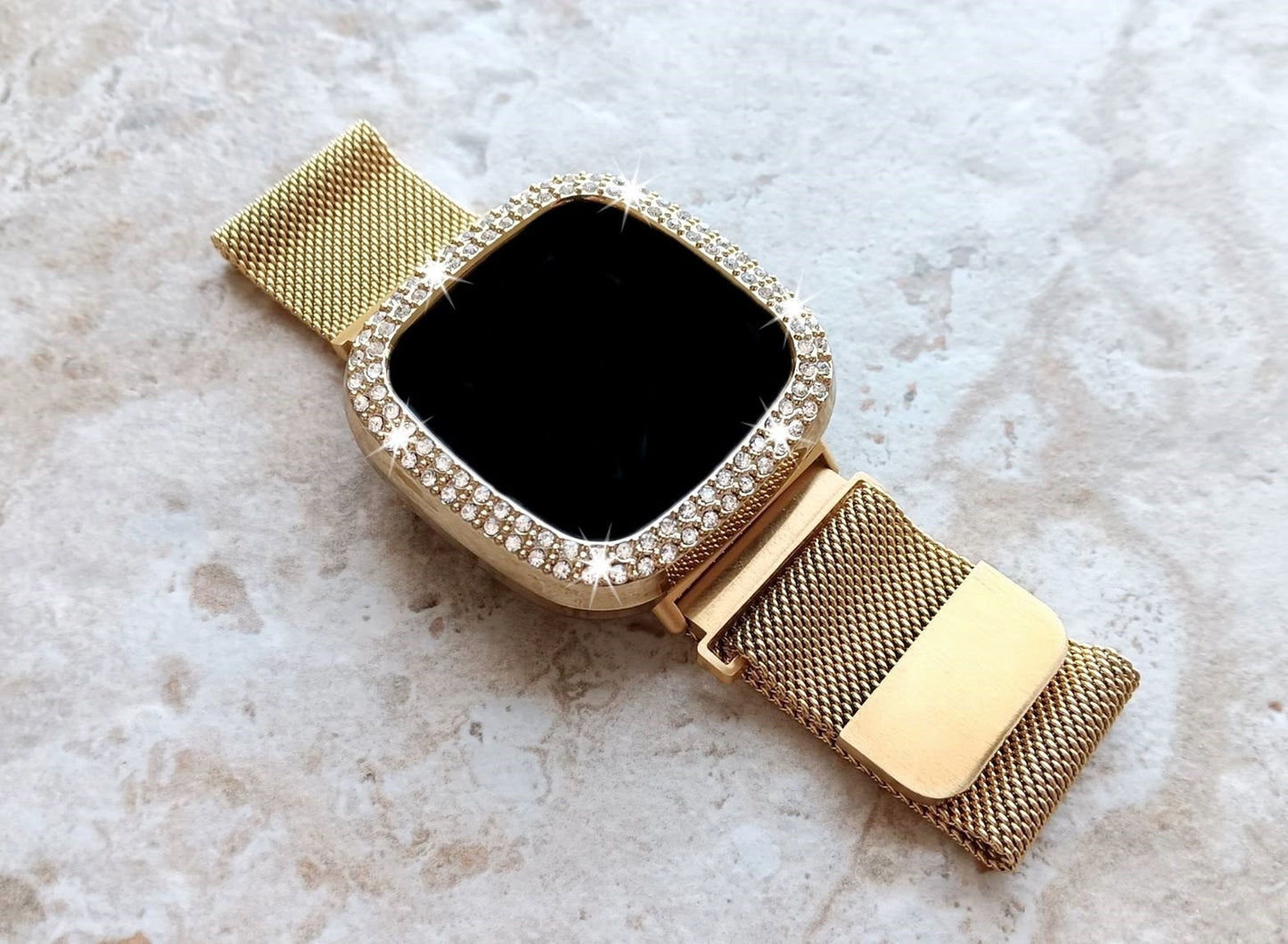 Fitbit Watch Gold Color Band Set Crystal Bezel Bling Case Cover for Versa 2 3 4 and Sense 1 2 Smartwatches Milanese Strap Protective Frame