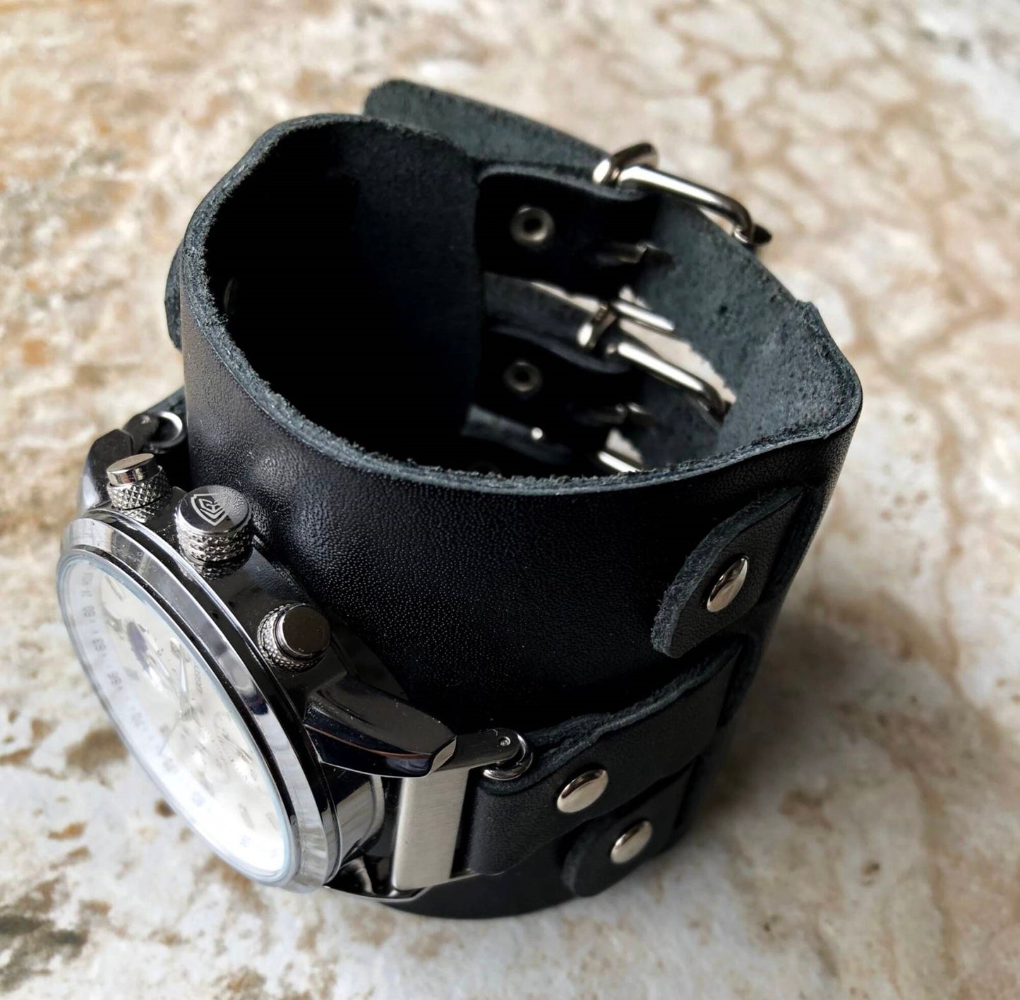 Black Cuff Bund Steampunk Wide Leather Band Strap for 18mm 19mm 20mm 21mm 22mm 23mm 24mm 25mm 26mm Traditional Casual Luxury Smart Watches