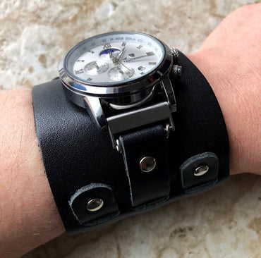 Black Cuff Bund Steampunk Wide Leather Band Strap for 18mm 19mm 20mm 21mm 22mm 23mm 24mm 25mm 26mm Traditional Casual Luxury Smart Watches