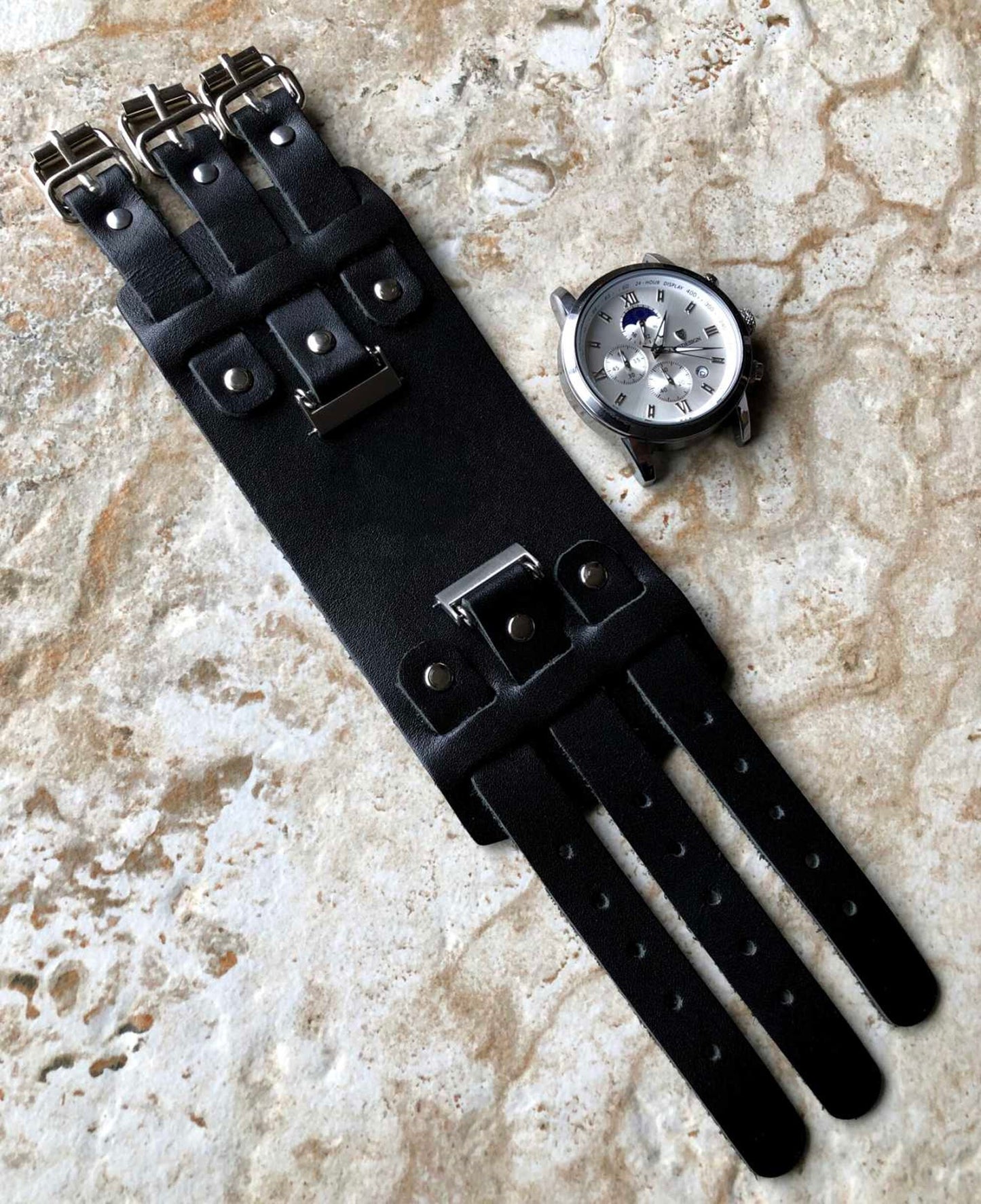 Black Cuff Bund Steampunk Wide Leather Band Strap for 18mm 19mm 20mm 21mm 22mm 23mm 24mm 25mm 26mm Traditional Casual Luxury Smart Watches