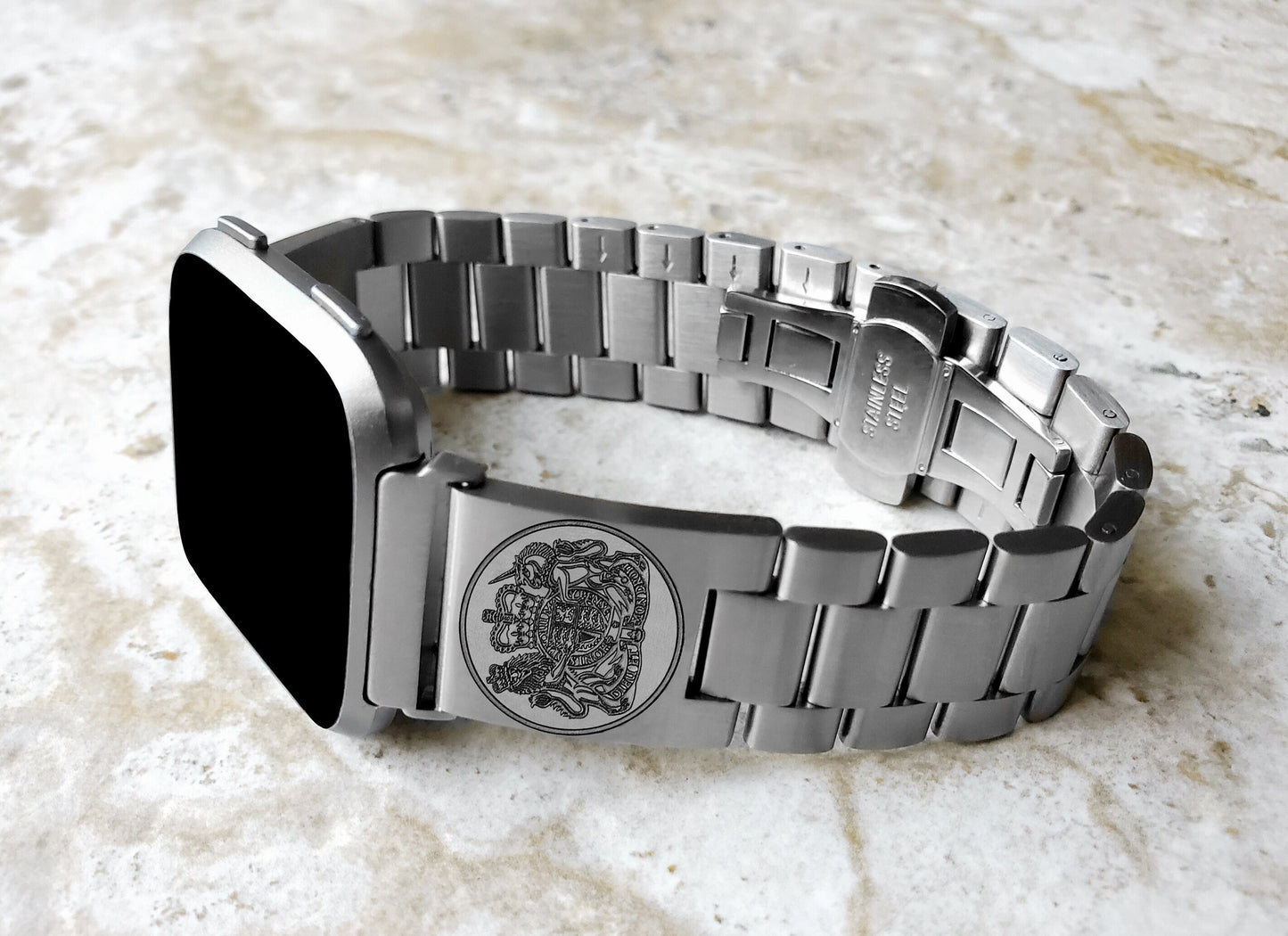 Fitbit Watch Band Great Britain UK Symbols Compatible with Versa Lite 2 3 4 and Sense 1 2 Smartwatches Engraved Silver St Steel Strap UKS