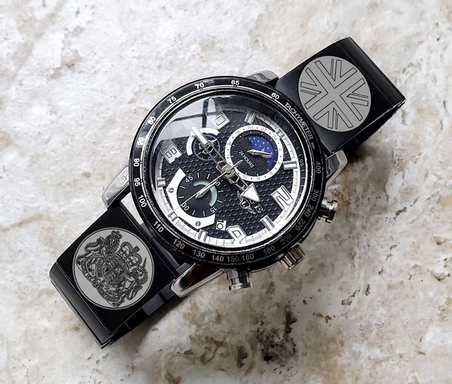 22mm Width Lugs Watch Band Great Britain UK Symbols for Traditional Casual Luxury and Smartwatches Engraved Black Stainless Steel Strap UKS