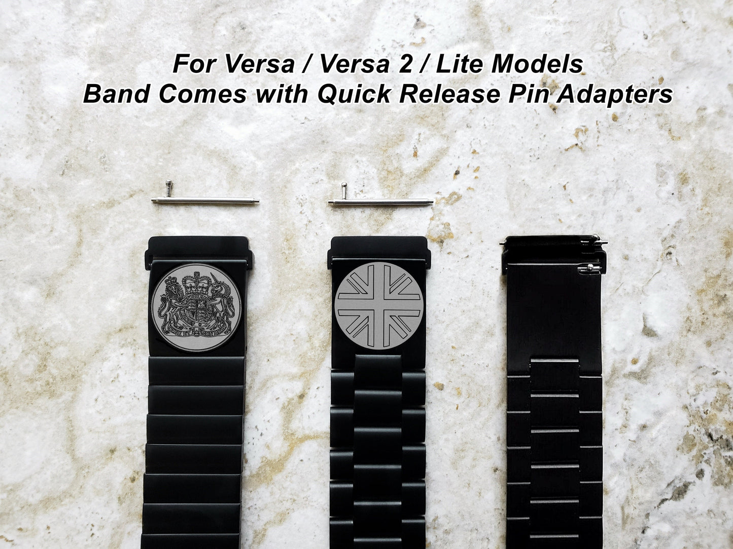 Fitbit Watch Band Great Britain UK Symbols Compatible with Versa Lite 2 3 4 and Sense 1 2 Smartwatches Engraved Black St Steel Strap UKS