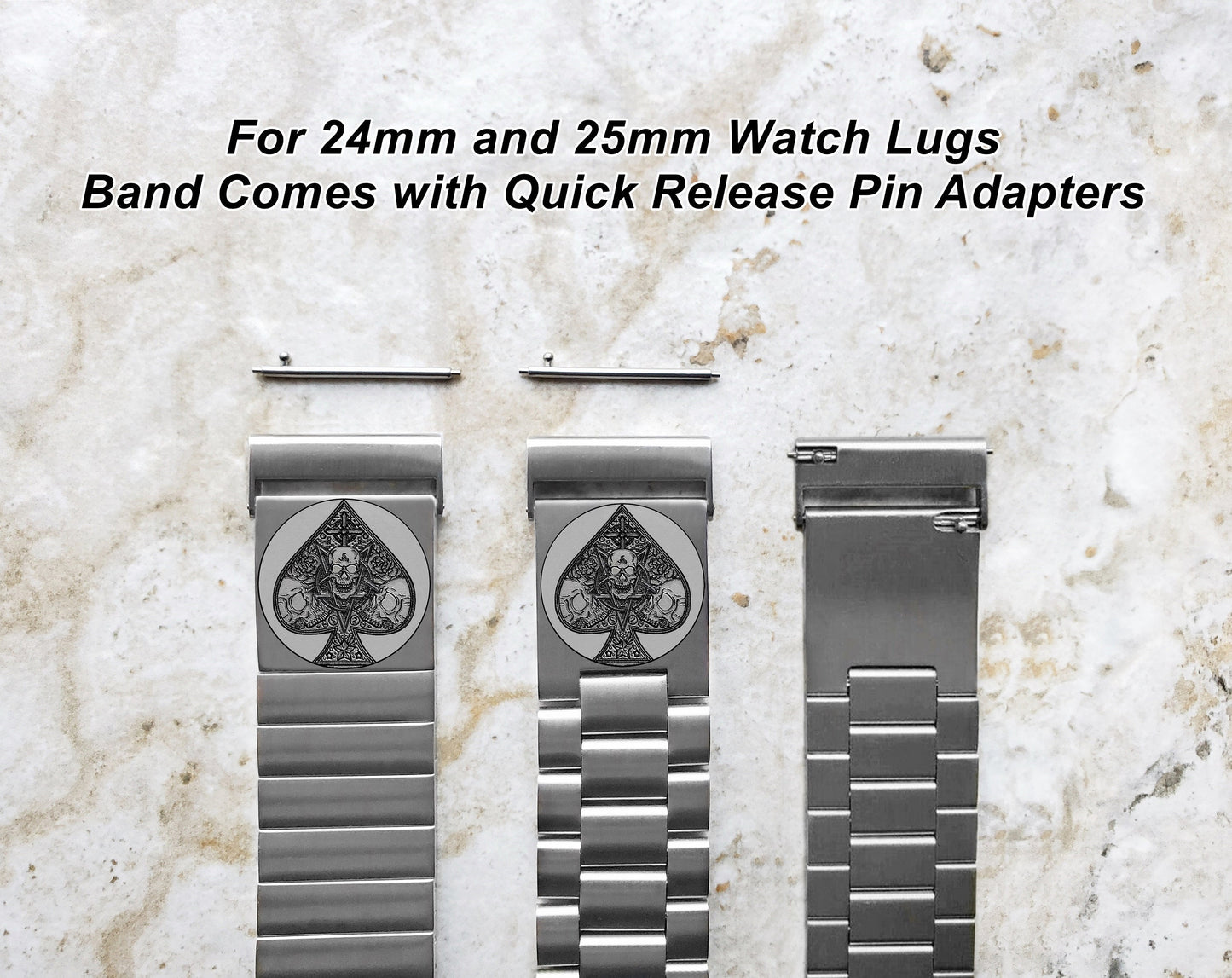 22mm 24mm 25mm Lugs Watch Band Ace of Spades for Traditional Casual Luxury and Smartwatches Engraved Silver Stainless Steel Strap AS2