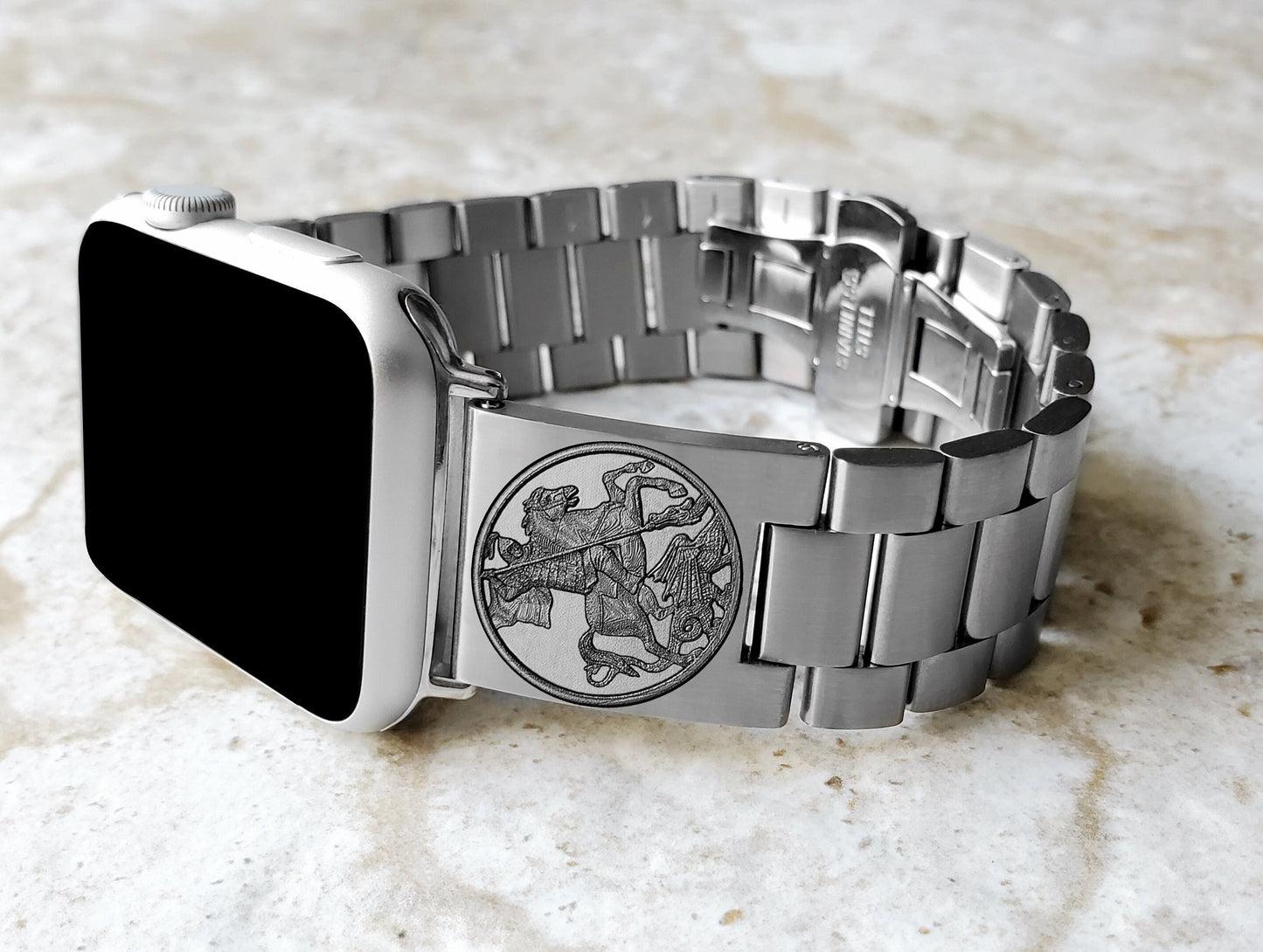 Apple Watch Band Saint George Compatible with Ultra 2 9 8 7 SE 6 5 4 3 2 Case 49mm 45mm 44mm 42mm 41mm 40mm 38mm Engraved St Steel Strap DK2