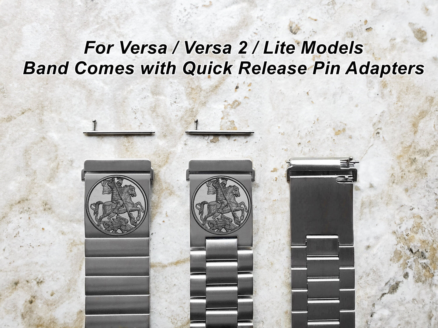 Fitbit Watch Band Saint George Compatible with Versa Lite 2 3 4 and Sense 1 2 Smartwatches Engraved Silver Stainless Steel Strap DK2