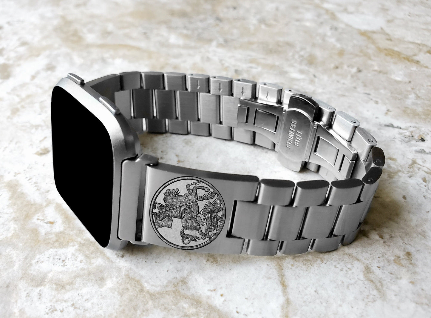 Fitbit Watch Band Saint George Compatible with Versa Lite 2 3 4 and Sense 1 2 Smartwatches Engraved Silver Stainless Steel Strap DK2