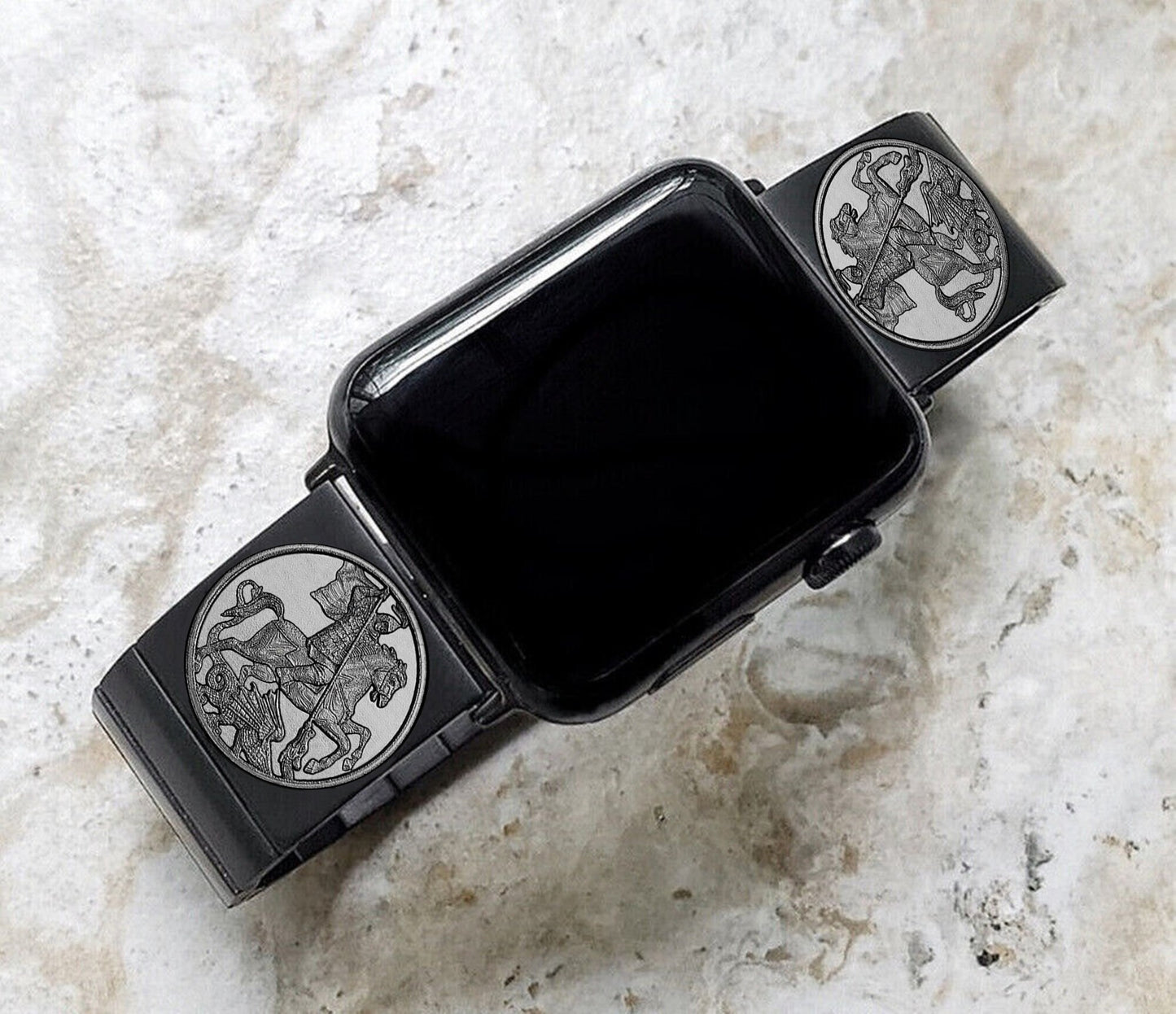 Apple Watch Band Saint George for Ultra 2 9 8 7 SE 6 5 4 3 2 1 Series 49mm 45mm 44mm 42mm 41mm 40mm 38mm Engraved Black St Steel Strap DK2