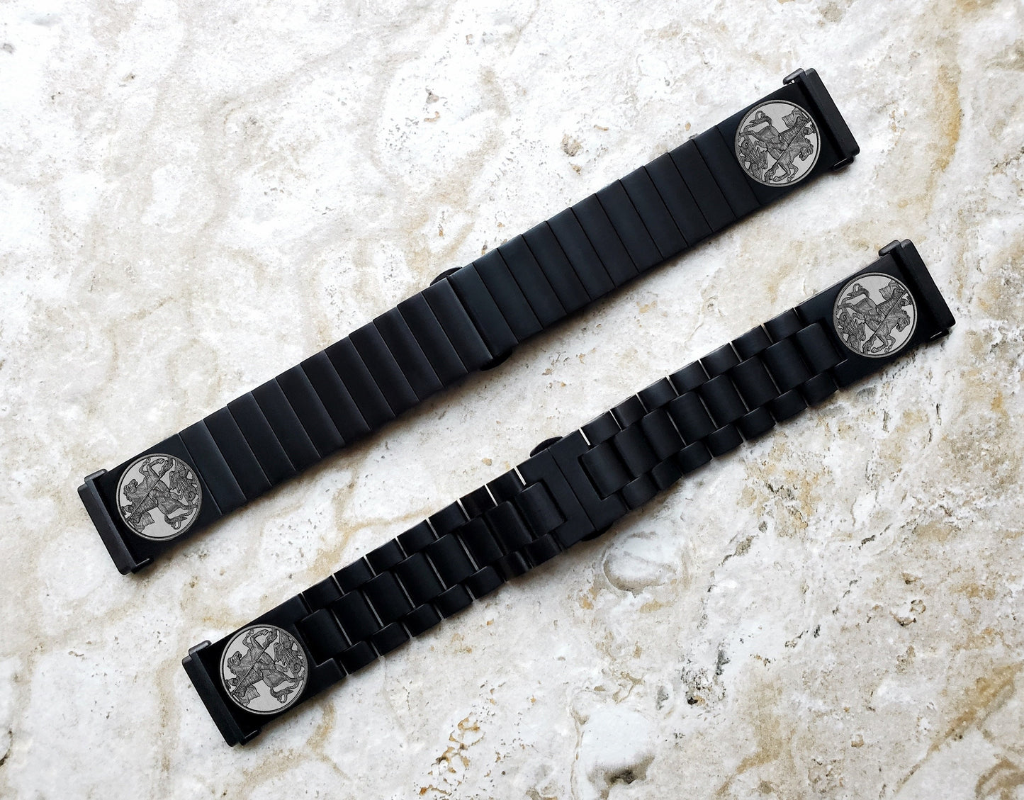 Fitbit Watch Band Saint George Compatible with Versa Lite 2 3 4 and Sense 1 2 Smartwatches Engraved Black Stainless Steel Strap DK2