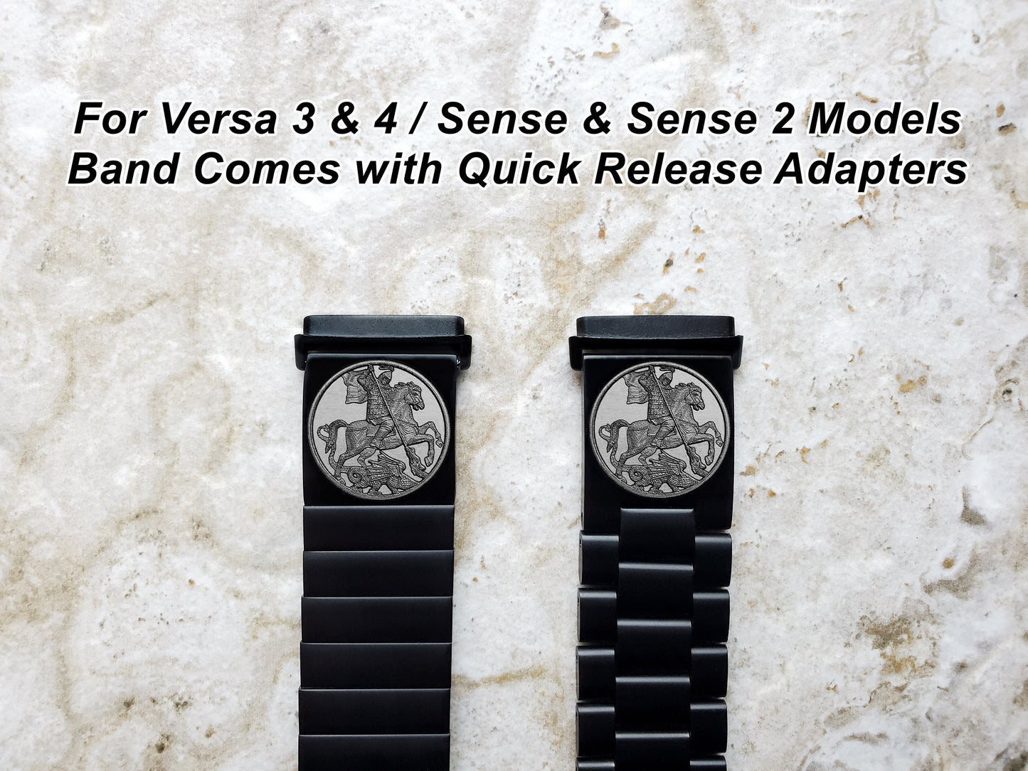 Fitbit Watch Band Saint George Compatible with Versa Lite 2 3 4 and Sense 1 2 Smartwatches Engraved Black Stainless Steel Strap DK2