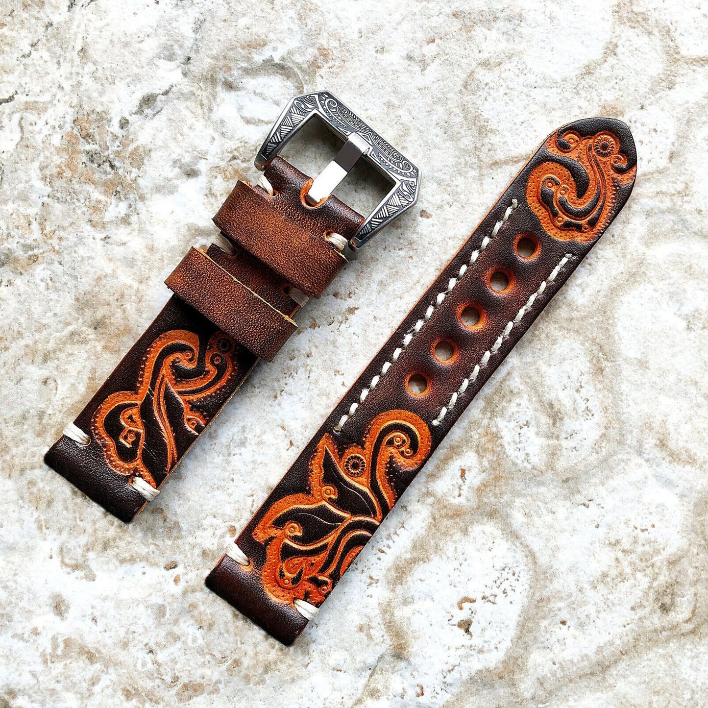Google Pixel Watch 3 2 1 41mm Band Brown and Orange Embossed Genuine Leather Bracelet Wristband Strap Fashion Accessory Tech Jewelry B20-A
