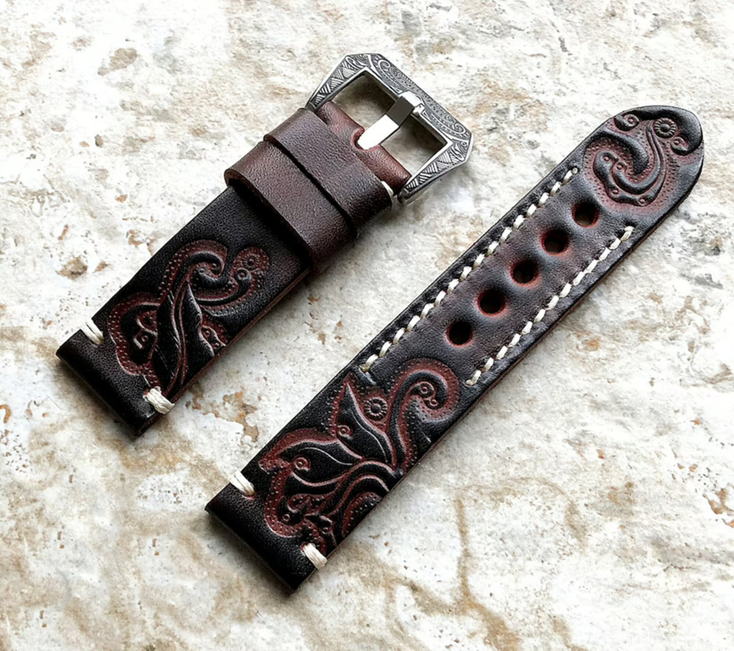 Google Pixel Watch 3 2 1 41mm Band Dark Brown Embossed Genuine Leather Bracelet Wristband Tooled Strap Fashion Accessory Tech Jewelry B20A