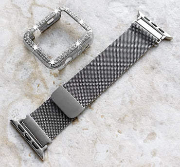 Apple Watch Silver Color Band Kit Crystal Case Bezel Cover for Ultra 9 2 8 7 SE 6 5 4 3 2 49mm 45mm 44mm 42mm 41mm 40mm 38mm Strap Milanese