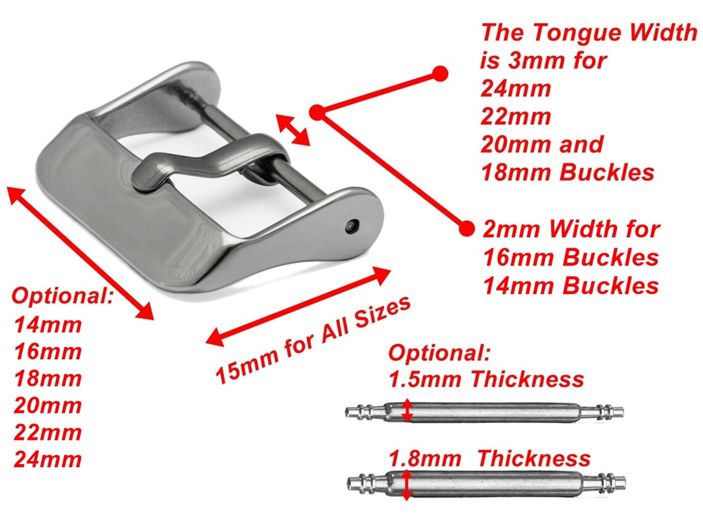 4pcs Set Pin Buckles for 14mm 16mm 18mm 20mm 22mm 24mm Watch Straps Bands Kit Clasp Silver Black Rose Gold Finish -Pins Tool Included