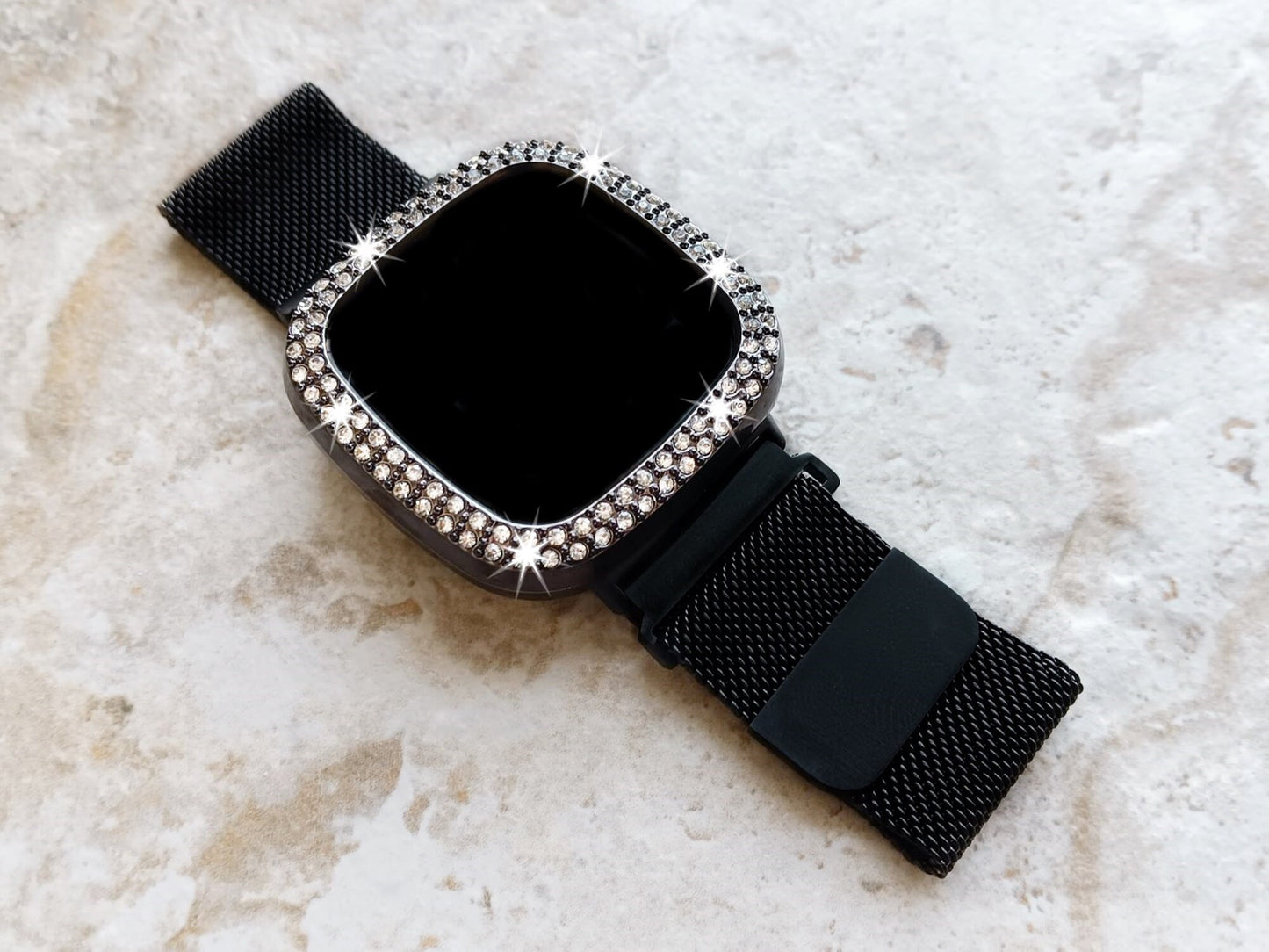 Fitbit Watch Black Band Set Crystal Bezel Bling Case Cover for Versa 2 3 4 and Sense 1 2 Smartwatches Milanese Strap Protective Bumper Frame