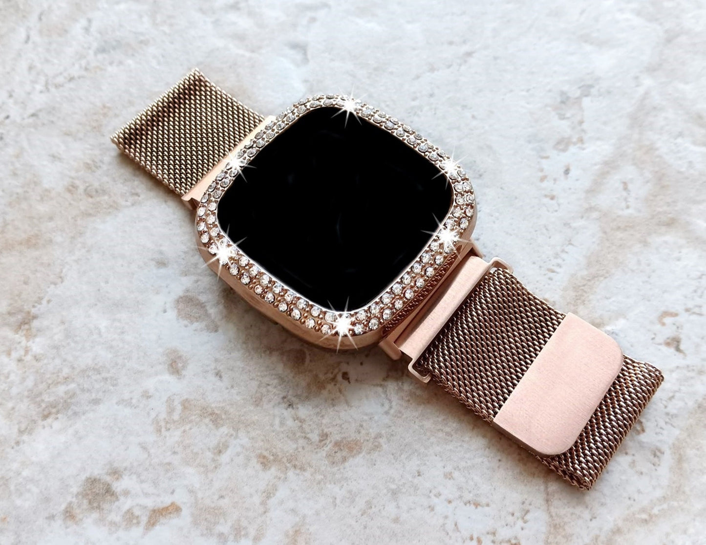 Fitbit Watch Rose Gold Color Band Set Crystal Bezel Bling Case Cover for Versa 2 3 4 Sense 1 2 Smartwatches Milanese Strap Protective Frame