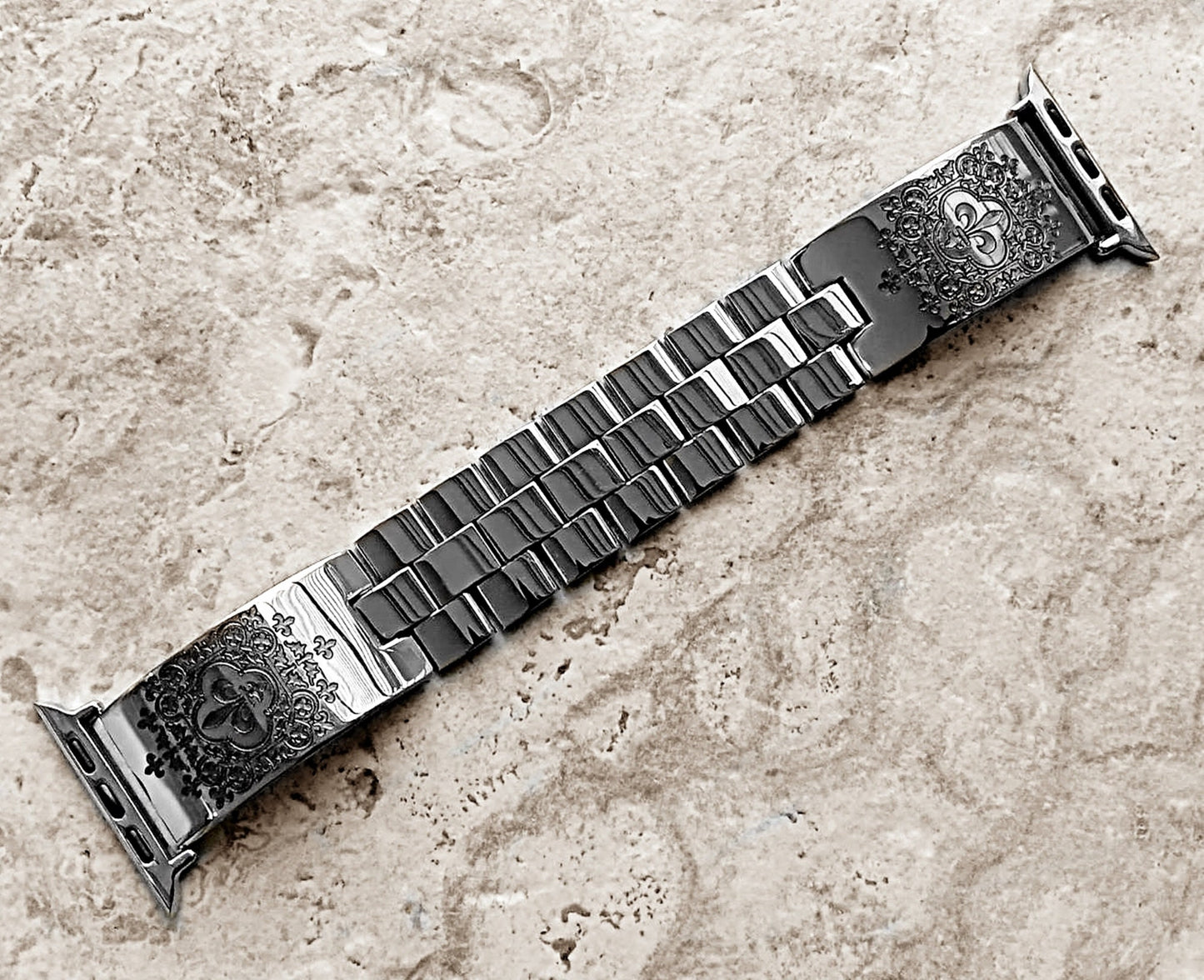 Apple Watch Band Fleur De Lis for Ultra 2 49mm 45mm 44mm 42mm 41mm 40mm 38mm 9 8 7 SE 6 5 4 3 2 Engraved St Steel Adjust Polished Cuff Strap