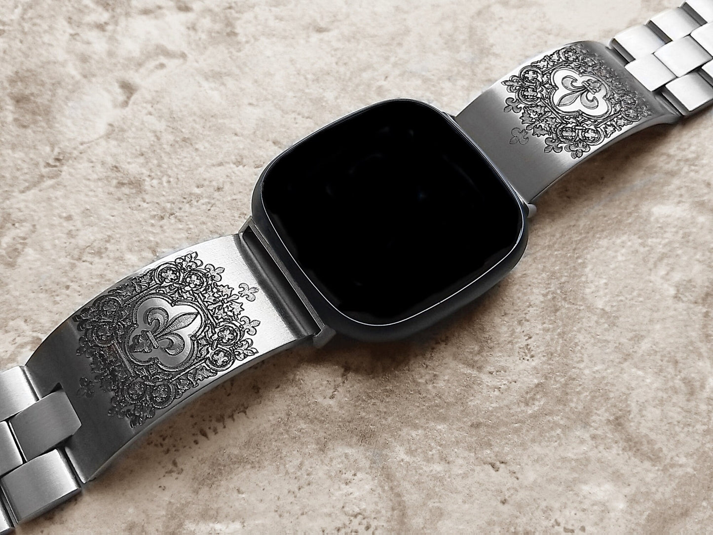 Fitbit Watch Band Fleur De Lis for Versa Lite 2 3 4 and Sense 1 2 Smartwatches Engraved Stainless Steel Adjustable Bracelet Cuff Strap
