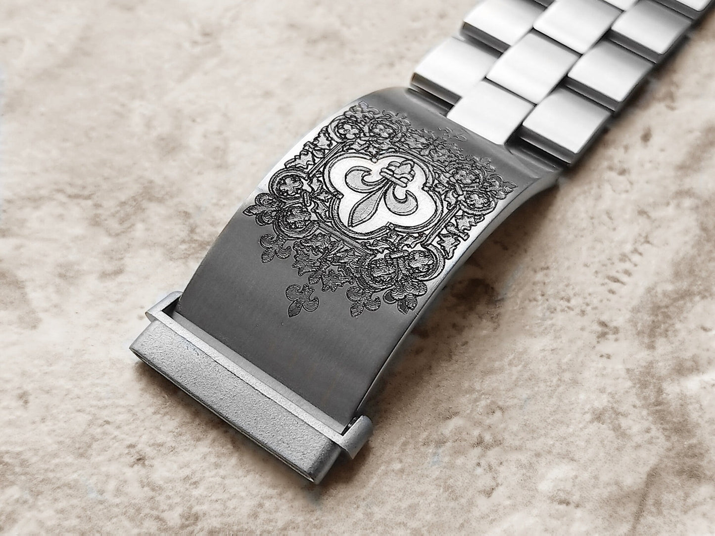 Fitbit Watch Band Fleur De Lis for Versa Lite 2 3 4 and Sense 1 2 Smartwatches Engraved Stainless Steel Adjustable Bracelet Cuff Strap