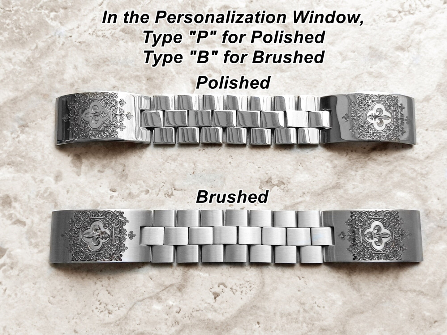 Fitbit Watch Band Fleur De Lis for Versa Lite 2 3 4 and Sense 1 2 Smartwatches Engraved Stainless Steel Adjustable Bracelet Cuff Strap