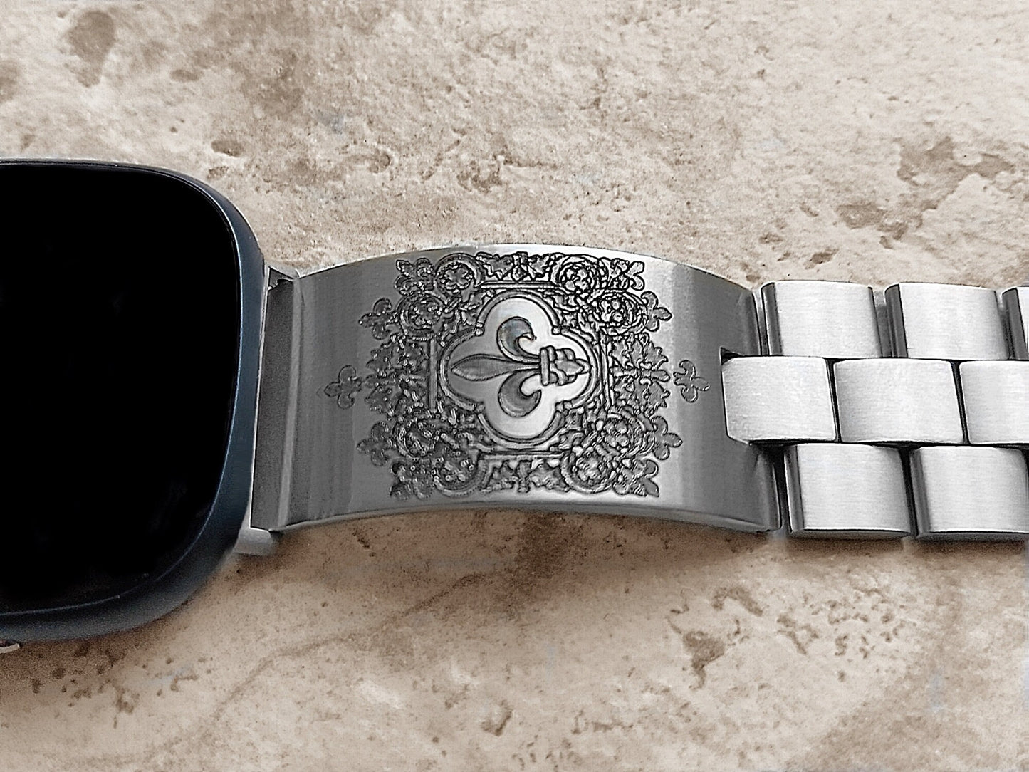 Fitbit Watch Band Fleur De Lis for Versa Lite 2 3 4 and Sense 1 2 Smartwatches Engraved Stainless Steel Adjustable Bracelet Cuff Strap