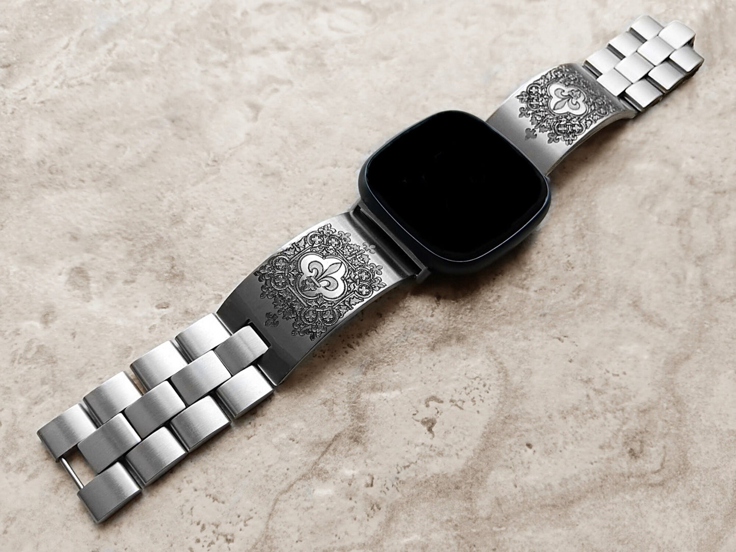 Fitbit Watch Band Fleur De Lis for Versa Lite 2 3 4 and Sense 1 2 Smartwatches Engraved Stainless Steel Adjustable Bracelet Cuff Strap