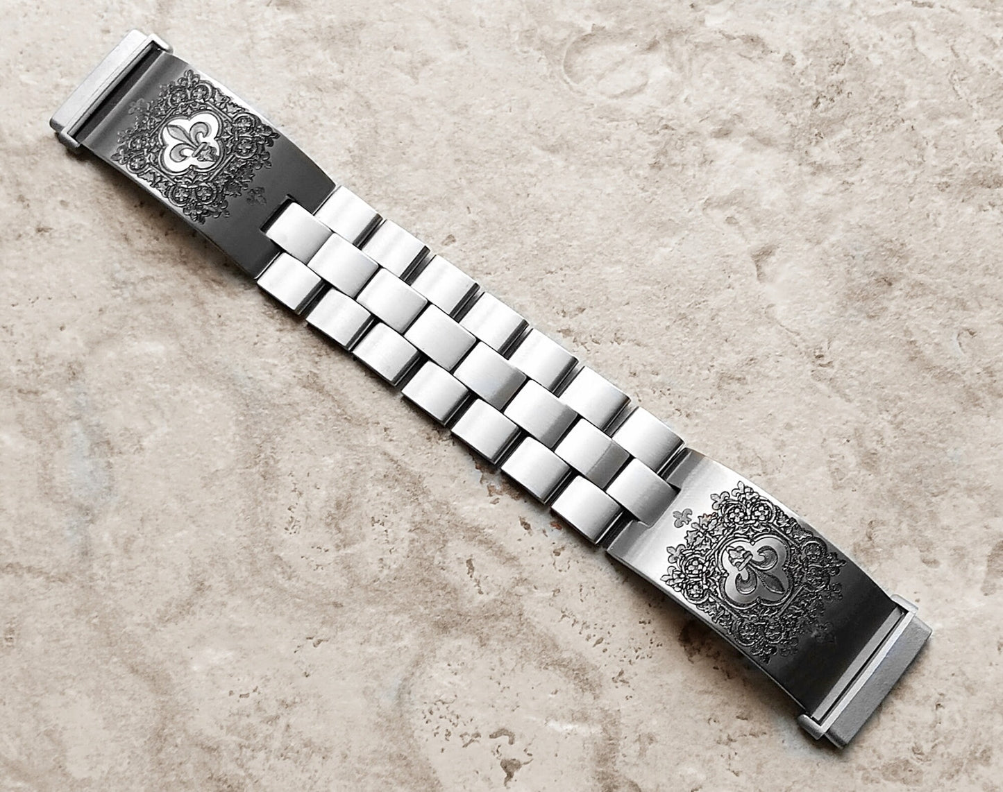 Fitbit Watch Band Fleur De Lis for Versa Lite 2 3 4 and Sense 1 2 Smartwatches Engraved Stainless Steel Adjustable Bracelet Cuff Strap