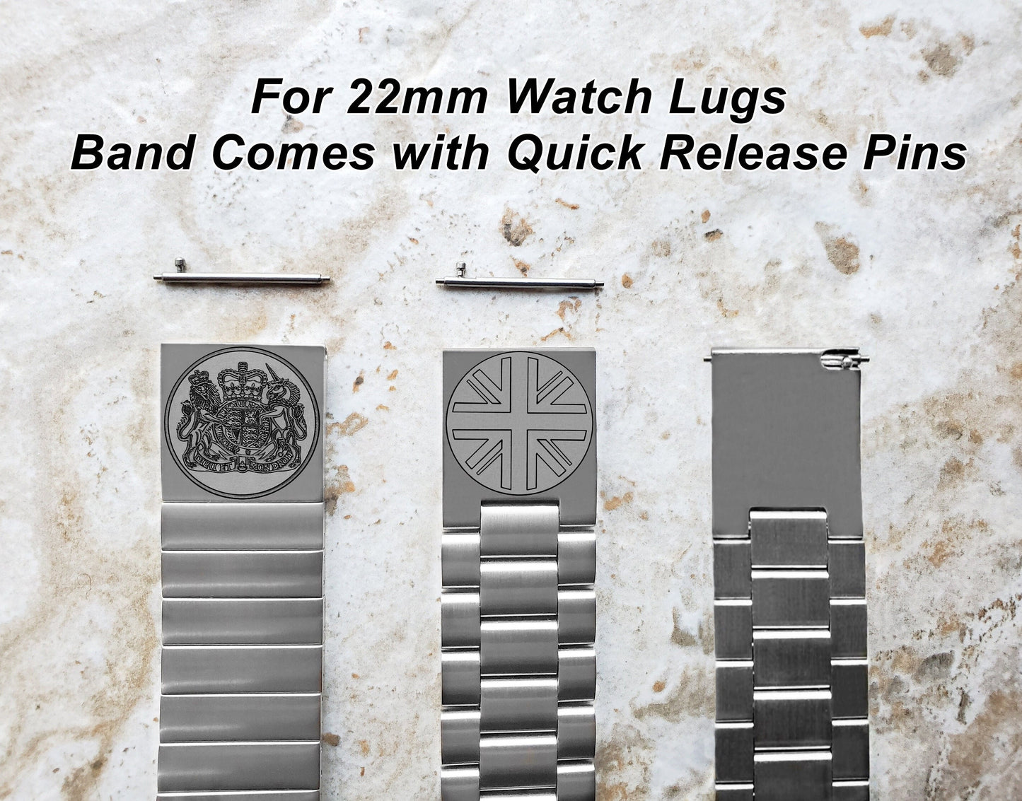 22mm 24mm 25mm Lugs Watch Band Great Britain UK Symbols for Traditional Casual Luxury and Smartwatches Engraved Silver St Steel Strap UKS