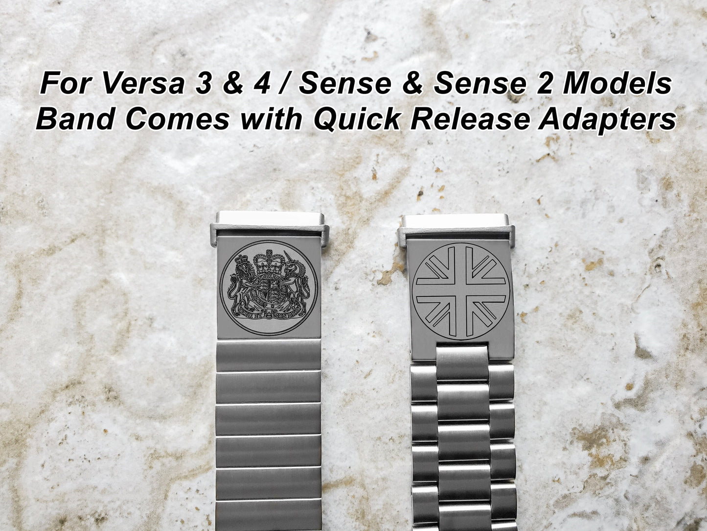 Fitbit Watch Band Great Britain UK Symbols Compatible with Versa Lite 2 3 4 and Sense 1 2 Smartwatches Engraved Silver St Steel Strap UKS