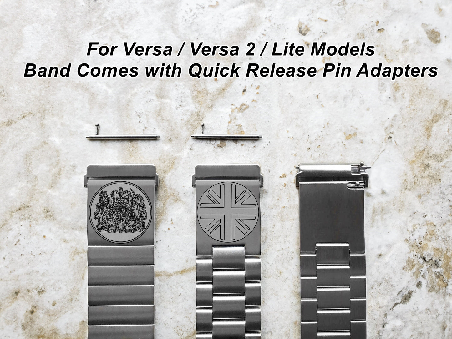 Fitbit Watch Band Great Britain UK Symbols Compatible with Versa Lite 2 3 4 and Sense 1 2 Smartwatches Engraved Silver St Steel Strap UKS