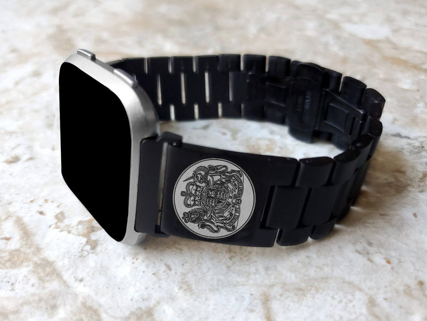 Fitbit Watch Band Great Britain UK Symbols Compatible with Versa Lite 2 3 4 and Sense 1 2 Smartwatches Engraved Black St Steel Strap UKS