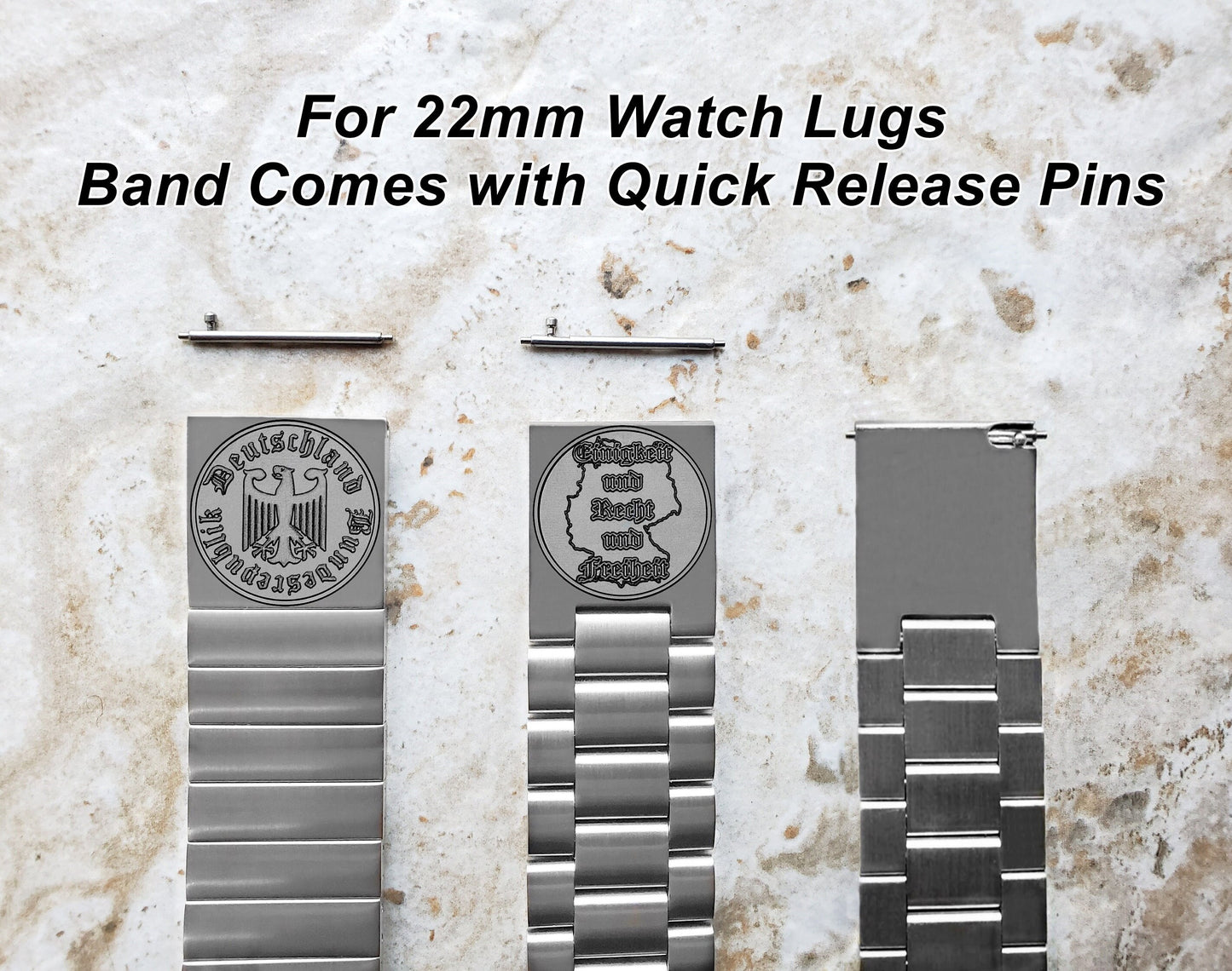 22mm 24mm 25mm Lugs Watch Band Germany Deutschland Symbols for Traditional Casual Luxury and Smartwatches Engraved Silver St Steel Strap DES