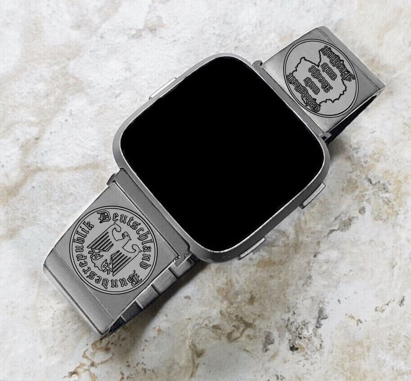 Fitbit Watch Band Germany Deutschland Symbols Compatible with Versa Lite 2 3 4 and Sense 1 2 Smartwatches Engraved Silver St Steel Strap DES