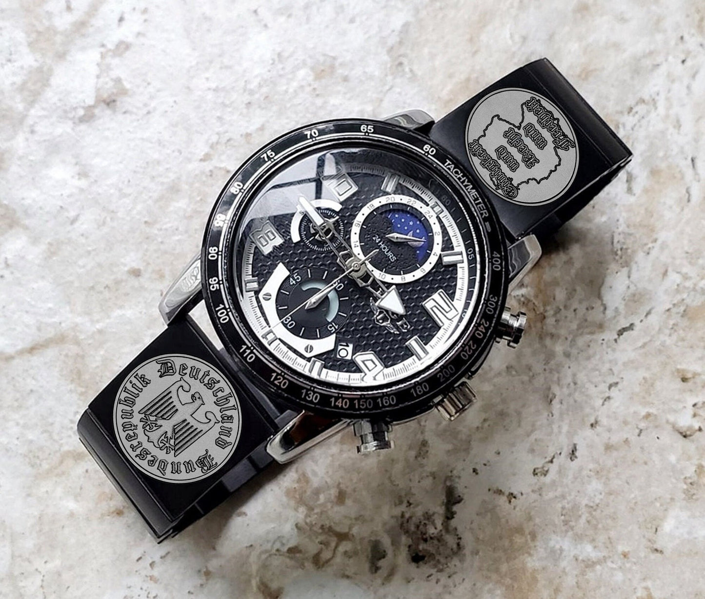 22mm Width Lugs Watch Band Germany Deutschland Symbols for Traditional Casual Luxury and Smartwatches Engraved Black St Steel Strap DES