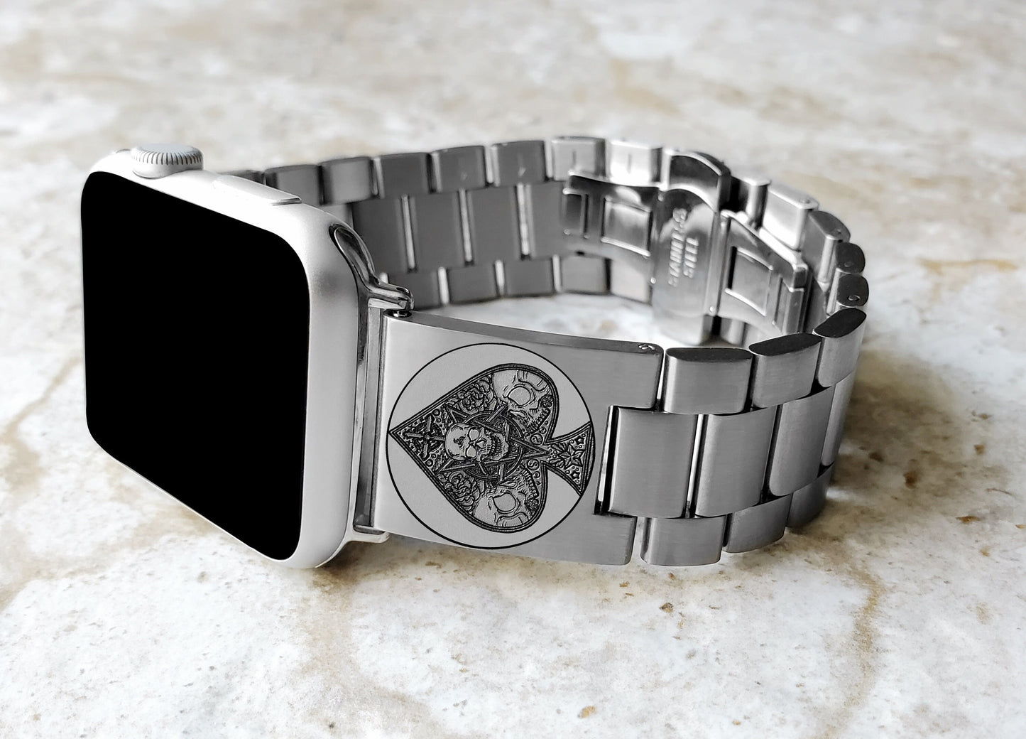 Apple Watch Band Ace of Spades for Ultra 2 9 8 7 SE 6 5 4 3 2 49mm 45mm 44mm 42mm 41mm 40mm 38mm Engraved Silver Stainless Steel Strap AS2
