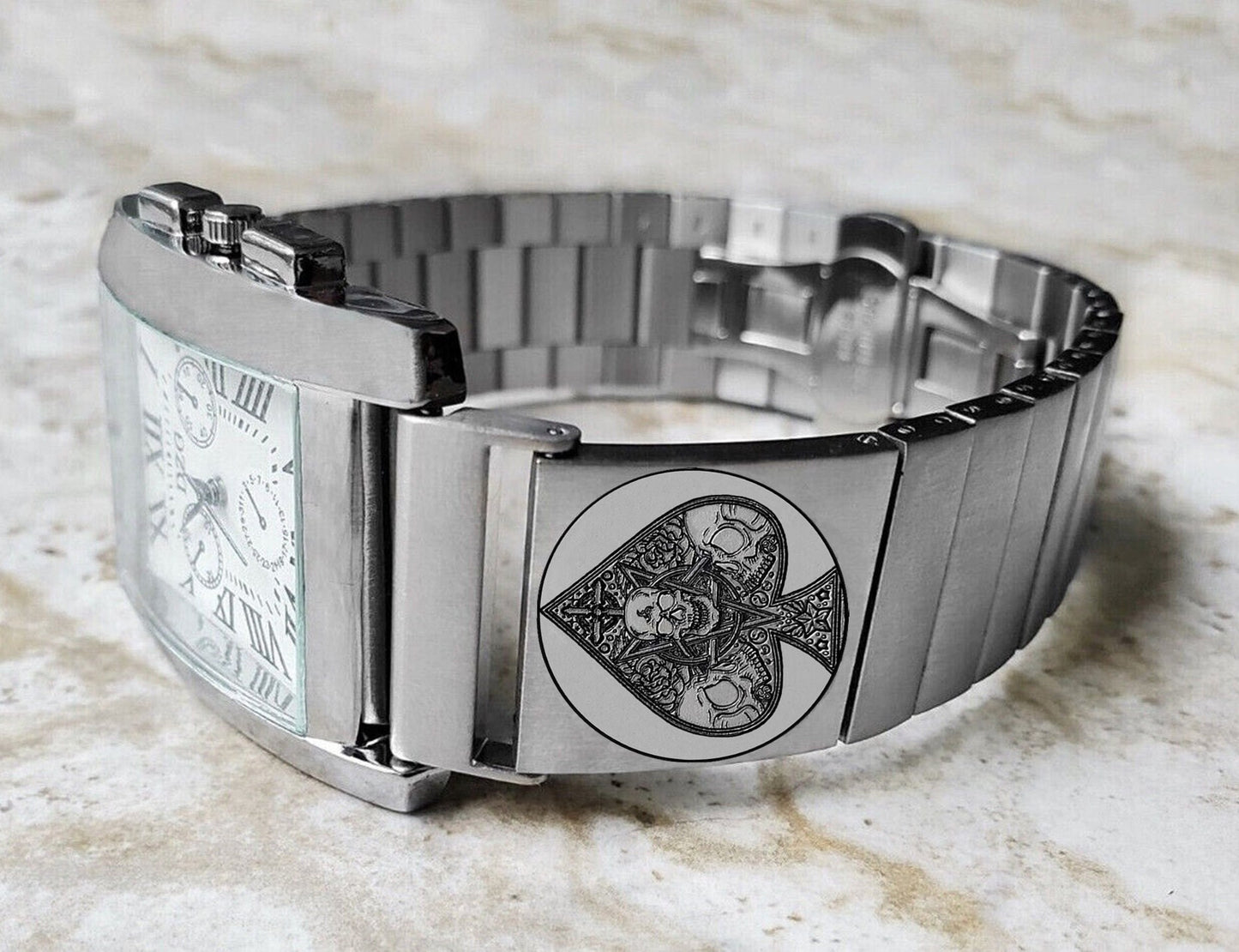 22mm 24mm 25mm Lugs Watch Band Ace of Spades for Traditional Casual Luxury and Smartwatches Engraved Silver Stainless Steel Strap AS2