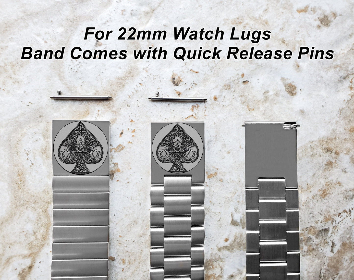 22mm 24mm 25mm Lugs Watch Band Ace of Spades for Traditional Casual Luxury and Smartwatches Engraved Silver Stainless Steel Strap AS2