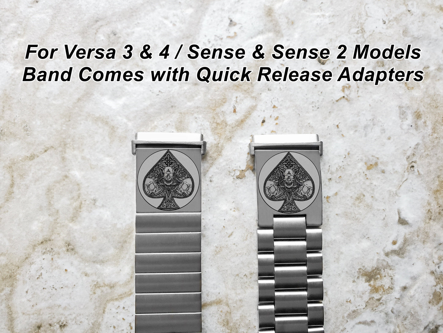 Fitbit Watch Band Ace of Spades Compatible with Versa Lite 2 3 4 and Sense 1 2 Smartwatches Engraved Silver Stainless Steel Strap AS2