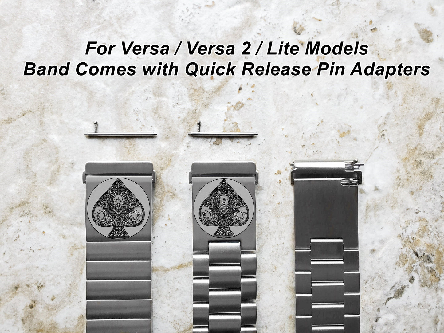 Fitbit Watch Band Ace of Spades Compatible with Versa Lite 2 3 4 and Sense 1 2 Smartwatches Engraved Silver Stainless Steel Strap AS2