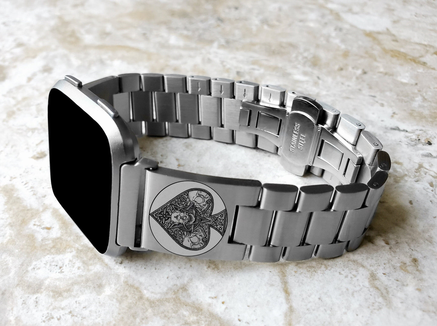 Fitbit Watch Band Ace of Spades Compatible with Versa Lite 2 3 4 and Sense 1 2 Smartwatches Engraved Silver Stainless Steel Strap AS2