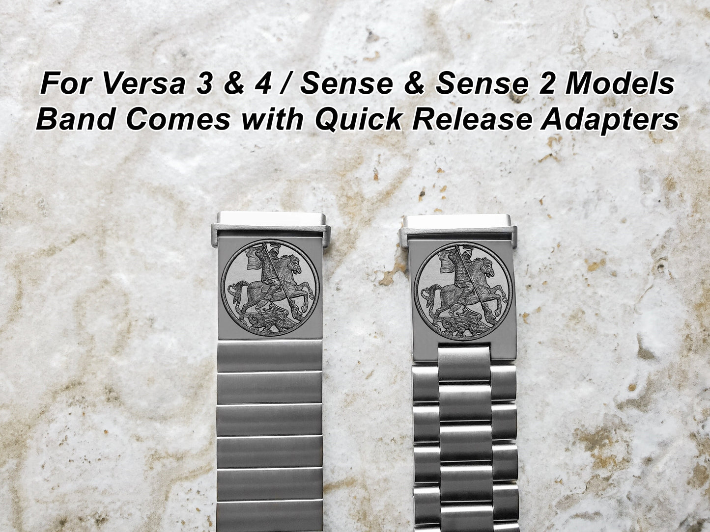 Fitbit Watch Band Saint George Compatible with Versa Lite 2 3 4 and Sense 1 2 Smartwatches Engraved Silver Stainless Steel Strap DK2