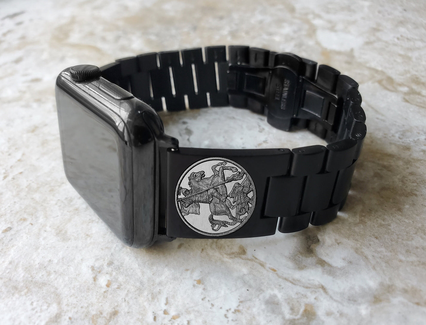 Apple Watch Band Saint George for Ultra 2 9 8 7 SE 6 5 4 3 2 1 Series 49mm 45mm 44mm 42mm 41mm 40mm 38mm Engraved Black St Steel Strap DK2