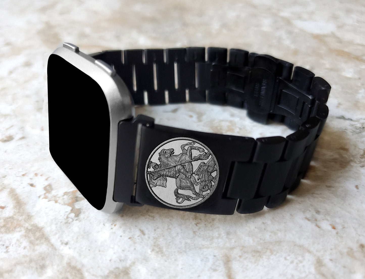 Fitbit Watch Band Saint George Compatible with Versa Lite 2 3 4 and Sense 1 2 Smartwatches Engraved Black Stainless Steel Strap DK2